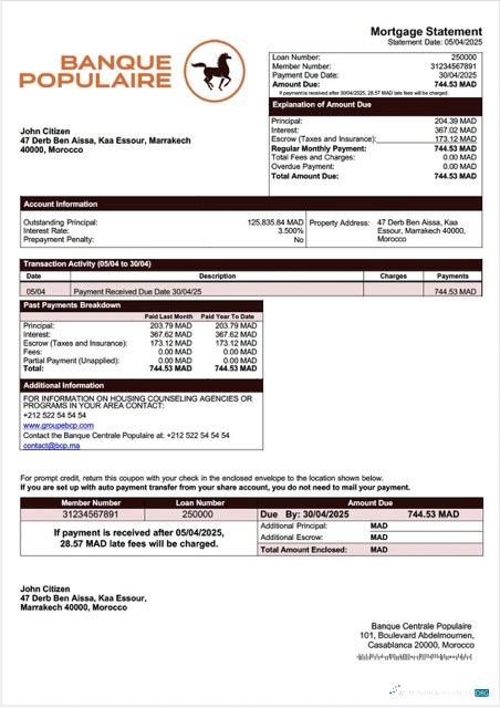 Download Morocco Banque Centrale Populaire mortgage statement Word and PDF template Photoshop template